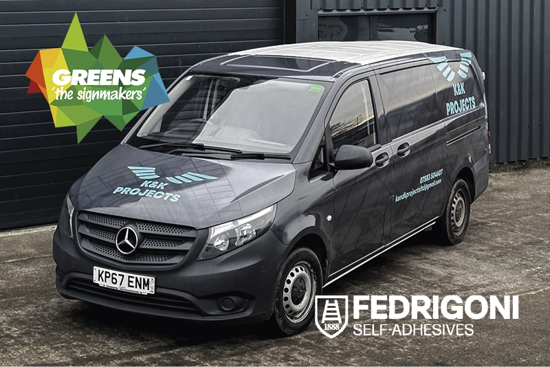Greens the Signmakers' van wrap for K&K Projects, a simple stylish grey livery design printed onto Fedrigoni's C50 Ultimate Slide & Tack print film and laminated with C30 gloss lamonate - a beautifully efficient vinyl wrap!