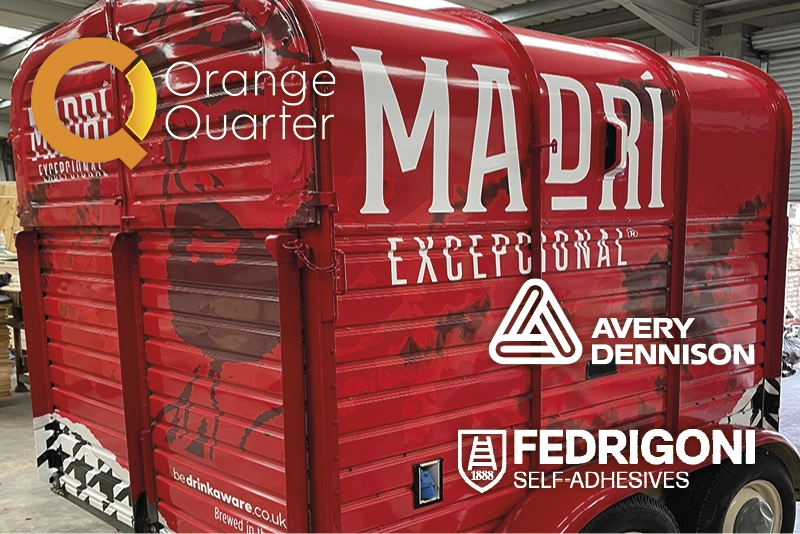A case study of a couple of Orange Quarter's wrap projects, stunning and intrictae applications onto some complicated convex and concave surfaces brilliantly executed using Avery Dennison and Fedrigoni self-adhesive wrapping films to cover a Madri branded horse box and Carling beer branded freight container.
