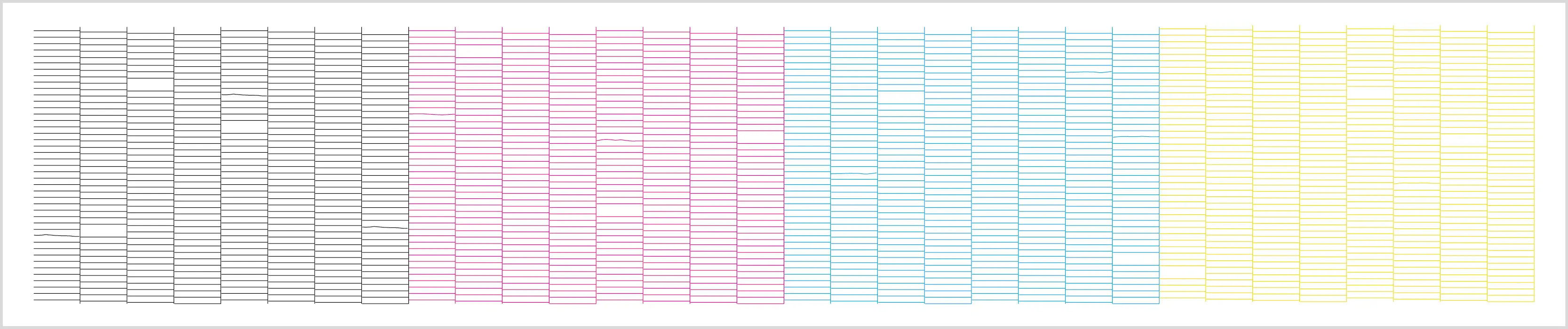 An illustrated example of a bad print head test as it has missing or wavy lines in the print.